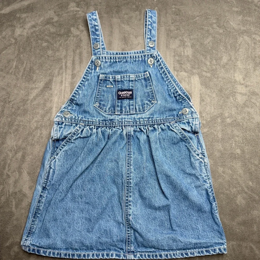 Vtg OshKosh B'gosh Overall Dress Girls 3T Blue Denim Romper Skirt Vestbak USA